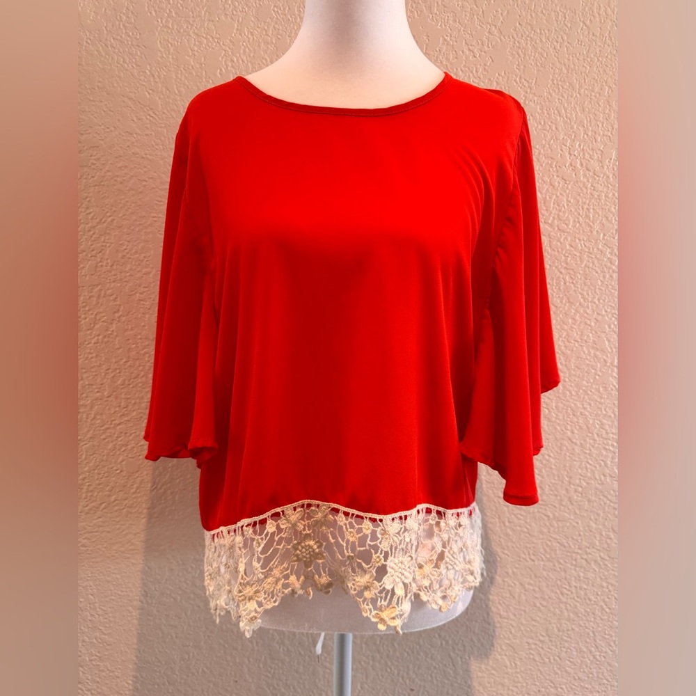 My Story Red Batwing Blouse with Crochet Lace Hem – Size Medium